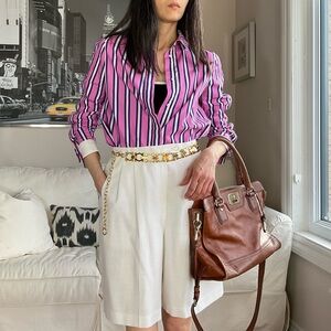Maje pink/purple/white striped shirt with snap button sleeves